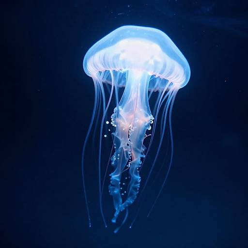 Photograph of a glowing blue jellyfish with translucent, flowing tentacles against a dark blue background, illuminated from within.