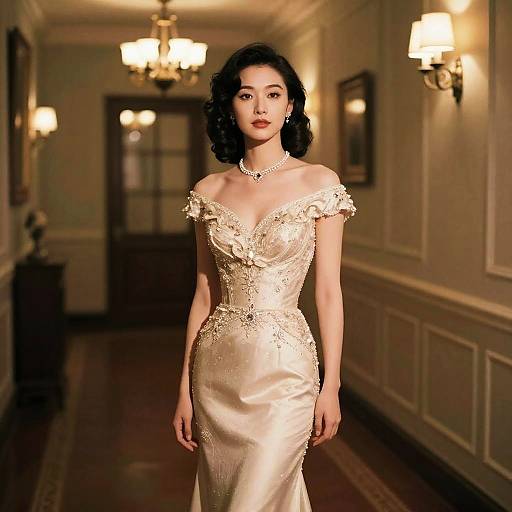 Photograph of an elegant Asian woman in a vintage-style, off-the-shoulder, cream-colored lace wedding dress, standing in a dimly lit