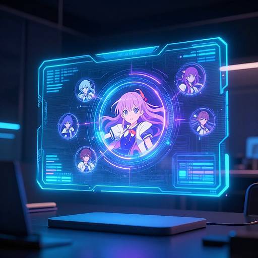 Neon blue holographic display shows anime girl with pink hair, surrounded by smaller holograms, in a dark, futuristic office.