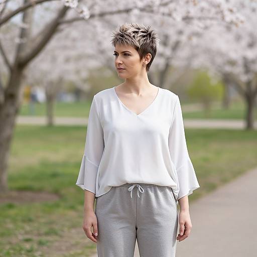 Photograph of a short-haired woman in a white blouse and gray pants standing in a park with blooming cherry trees.