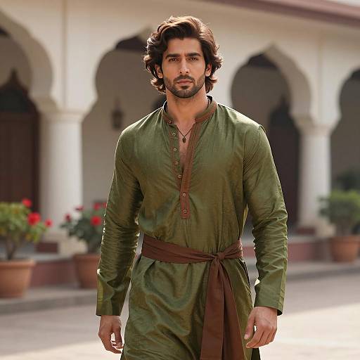 Handsome Man in Olive Green Traditional Outfit