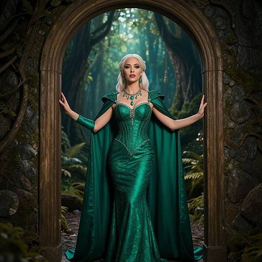 Digital artwork of a fair-skinned woman with platinum blonde hair, wearing a shimmering green, corset-style gown and cape, standing in a moss