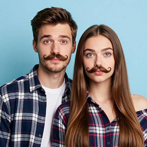 Photograph of a young couple with brown hair, blue eyes, and exaggerated mustaches, wearing plaid shirts against a blue background.