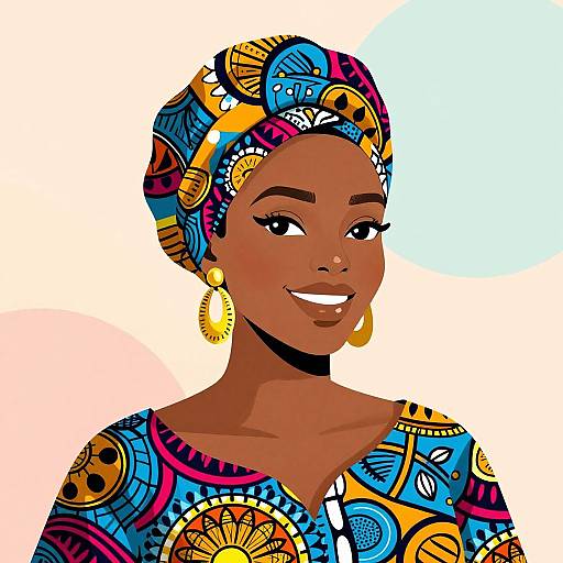 Vibrant digital illustration of a smiling African woman with dark skin, colorful patterned headwrap, earrings, and matching dress against a gradient background.