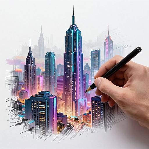 Hand Sketch to Neon Cyberpunk City