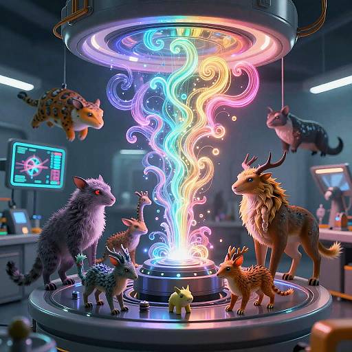 Photorealistic CGI: Neon-lit sci-fi lab with colorful, swirling light vortex above six fantasy creatures—lion, wolf, antelope, che