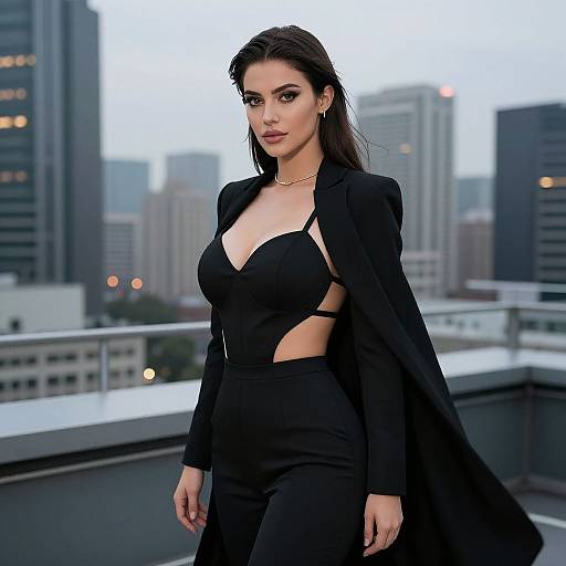 Photograph of a confident woman with dark hair, wearing a black, cut-out dress with a long cape, standing on a rooftop against a city skyline
