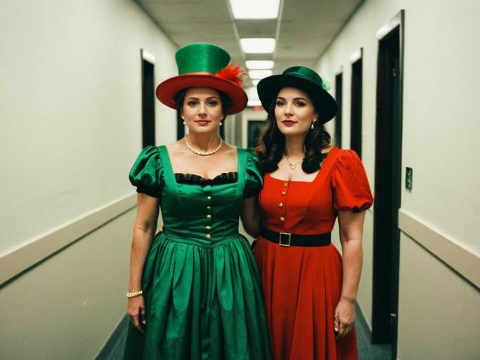 Two Women in Green and Red Vintage Dresses and Hats