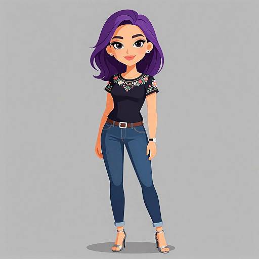 Digital cartoon of a smiling woman with purple hair, wearing a black top, blue jeans, brown belt, necklace, and beige heels.