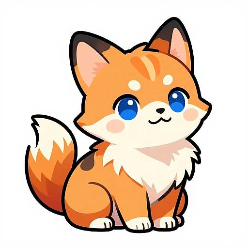 Cute digital illustration of a chibi-style, orange and white fox with large blue eyes, sitting with a happy expression, against a plain white background