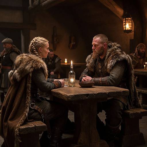Photograph of two Viking-style warriors with fur cloaks, seated at a wooden table in a dimly lit medieval tavern, candlelight illuminating their