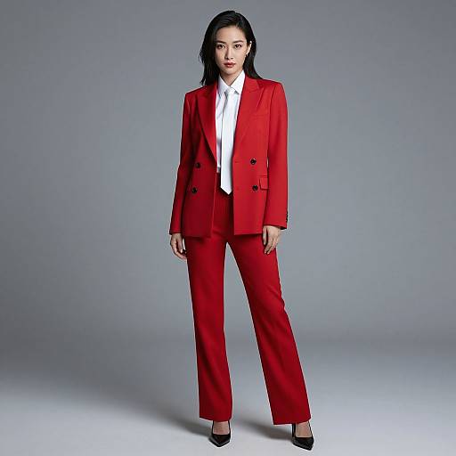 Photograph of an Asian woman with long black hair in a bold red double-breasted suit, white shirt, and black heels, standing against a plain