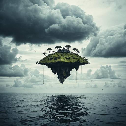 Surreal Floating Islands in Cloudy Skies