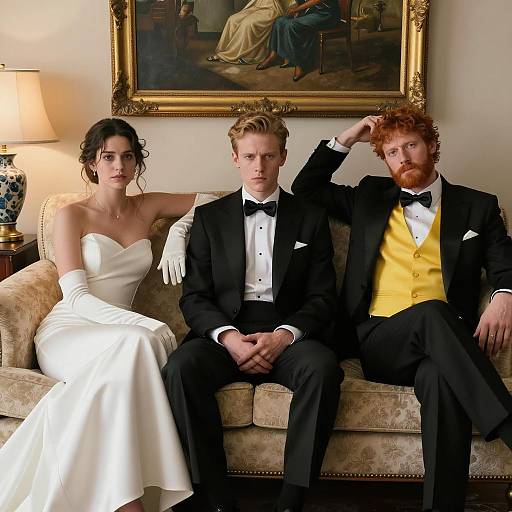 Elegant Trio in Formal Attire on Sofa