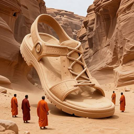 Photograph: Giant sandal sculpture in a desert canyon, surrounded by Buddhist monks in orange robes, standing in awe.
