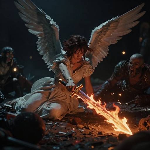 Photograph-style digital art: Angelic woman with white wings and dress, kneeling by a fire, holding sword, surrounded by dark, skull-covered ground