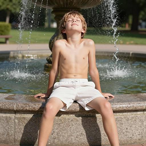 Shirtless Boy Relaxing by Fountain