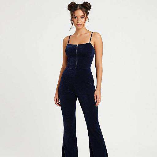 Photograph of a woman with dark hair in double buns, wearing a black, sleeveless, zip-front jumpsuit, standing against a white background