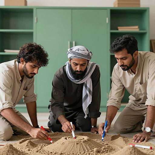 Three Men Analyzing a Sand Model
