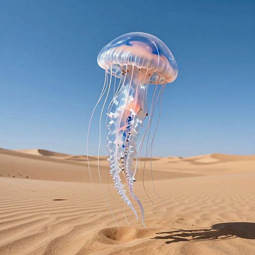 Photorealistic CGI of a transparent jellyfish with white tentacles floating above a sandy desert under a clear blue sky.