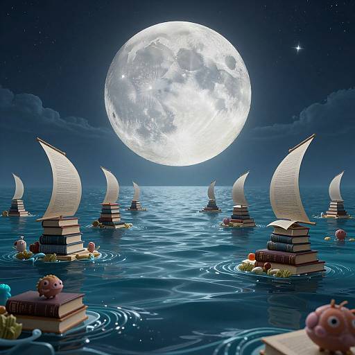 Mystical Moonlit Seascape with Floating Tomes