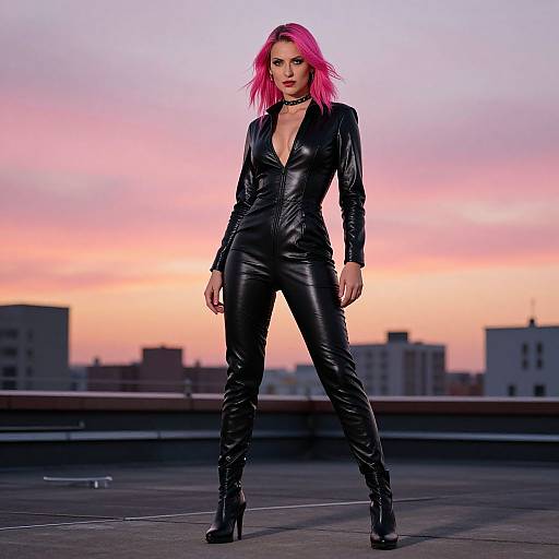 Photograph of a confident woman with vibrant pink hair, wearing a black leather zip-up jumpsuit and high-heeled boots, standing on a rooftop against