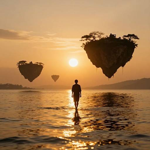 Silhouetted figure walking on calm water at sunset, with floating island formations in the background, reflecting golden sunlight. Photorealistic, surreal landscape