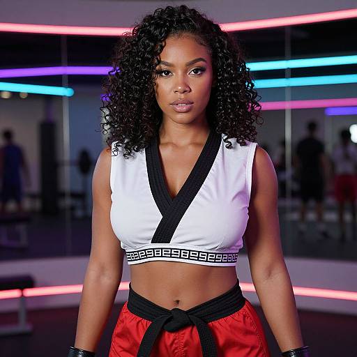 Photograph of a confident Black woman with curly hair, wearing a white crop top with black trim and red pants, standing in a neon-lit room