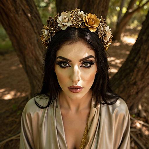 Photograph of a pale-skinned woman with dark hair, wearing a golden flower crown and shimmering beige dress, standing in a sunlit forest.