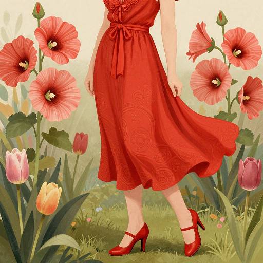 Digital illustration of a woman in a red dress and heels, standing in a garden with vibrant red poppies and colorful tulips.