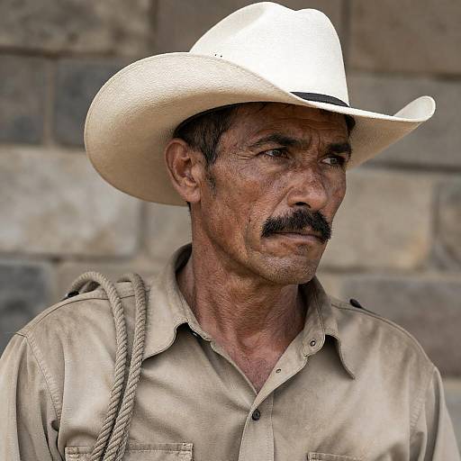 Rugged Cowboy Portrait by Stone Wall