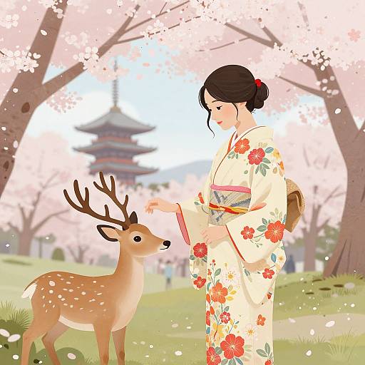 Digital illustration of a Japanese woman in a floral kimono gently petting a deer under cherry blossom trees with a pagoda in the background.