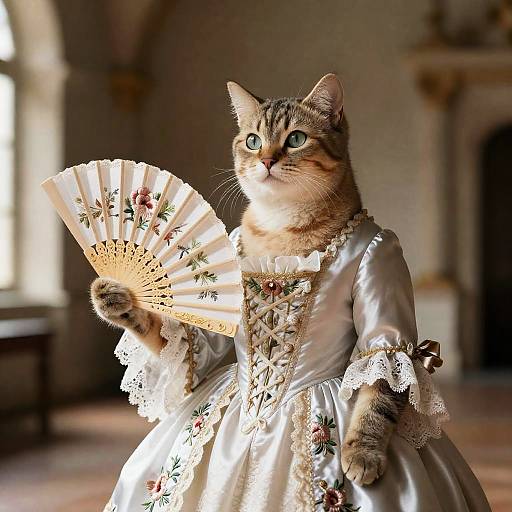 Cat in 18th Century Dress Holding Fan