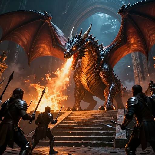 Digital fantasy artwork of a fierce, black-scaled dragon with glowing orange eyes and wings, roaring amidst flames, with armored warriors attacking on stone steps in