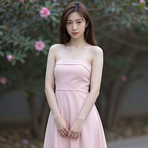 Photograph of an East Asian woman with straight black hair, wearing a strapless, pale pink dress, standing in a garden with pink flowers and green