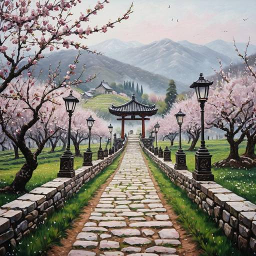 Romantic Cherry Orchard Oil Painting Scene