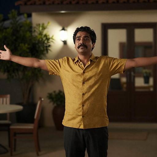 Man in Yellow Shirt on Patio