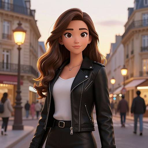 Digital illustration of a cute, animated young woman with long brown hair, wearing a black leather jacket and white top, standing on a European street at sunset