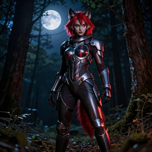 Digital artwork of a fierce, red-haired, wolf-eared woman in shiny, black, red-accents armored suit, standing in a dark,