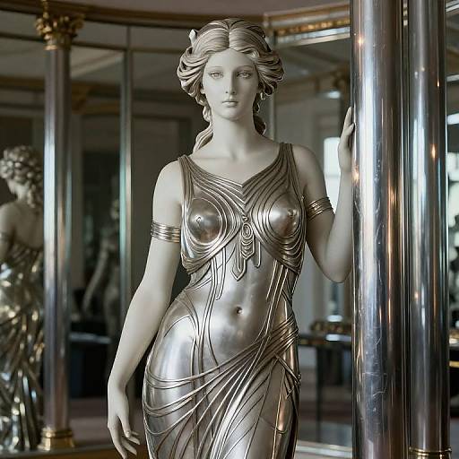Photograph of a silver-colored, classical-style statue of a woman with flowing hair, wearing an intricately detailed, draped gown, standing in a reflective