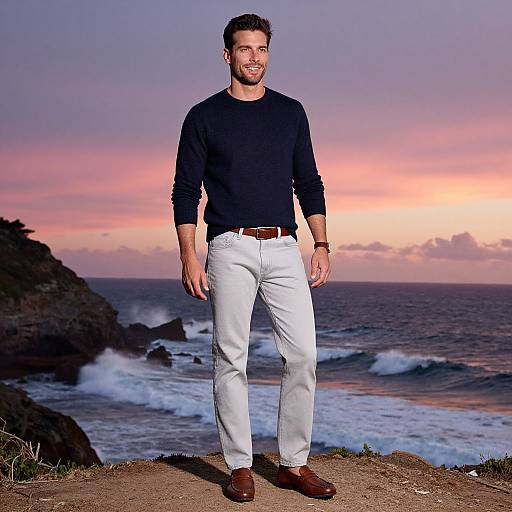 Photograph of a smiling man in a navy sweater, white jeans, and brown shoes, standing on a cliff at sunset with a colorful sky and ocean