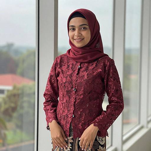 Photograph of a smiling young woman with medium brown skin, wearing a maroon lace hijab and matching long-sleeve top, standing in front