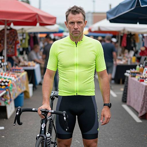 Photograph of a serious-looking middle-aged man in a neon yellow cycling shirt and black shorts, standing with a bike at a bustling outdoor market.