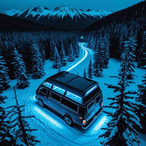 Van driving through snowy forest at night