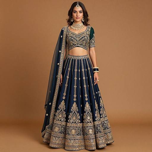 Photograph of a South Asian woman in a dark blue, gold-embroidered traditional lehenga and crop top, with a sheer dupatta,