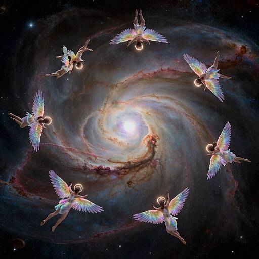 Digital artwork of seven angelic figures with rainbow wings circling a bright, swirling galaxy in a starry cosmic background.