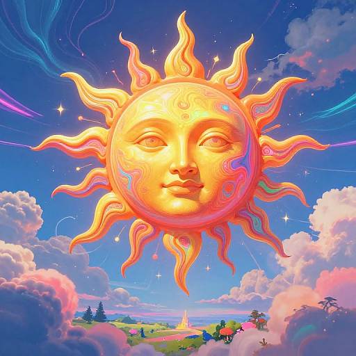 Digital artwork of a glowing, anthropomorphic sun with a serene face and wavy rays, floating above a colorful, whimsical landscape with clouds, trees