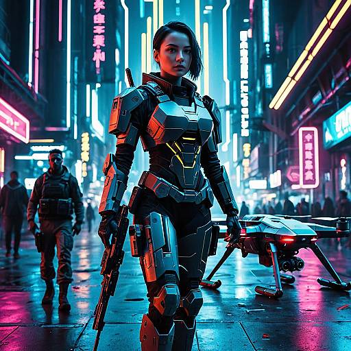 Futuristic Soldier with AI Drone in Neon Cyberpunk City