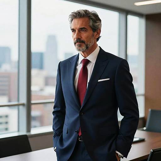 Photograph of a mature, handsome man with gray hair and beard, wearing a navy suit, white shirt, and red tie, standing in a modern