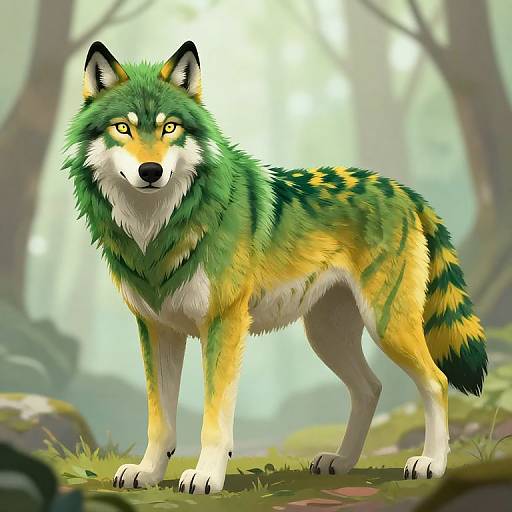 Digital artwork of a vivid green and yellow wolf with black stripes, standing in a misty forest, gazing forward with piercing yellow eyes.